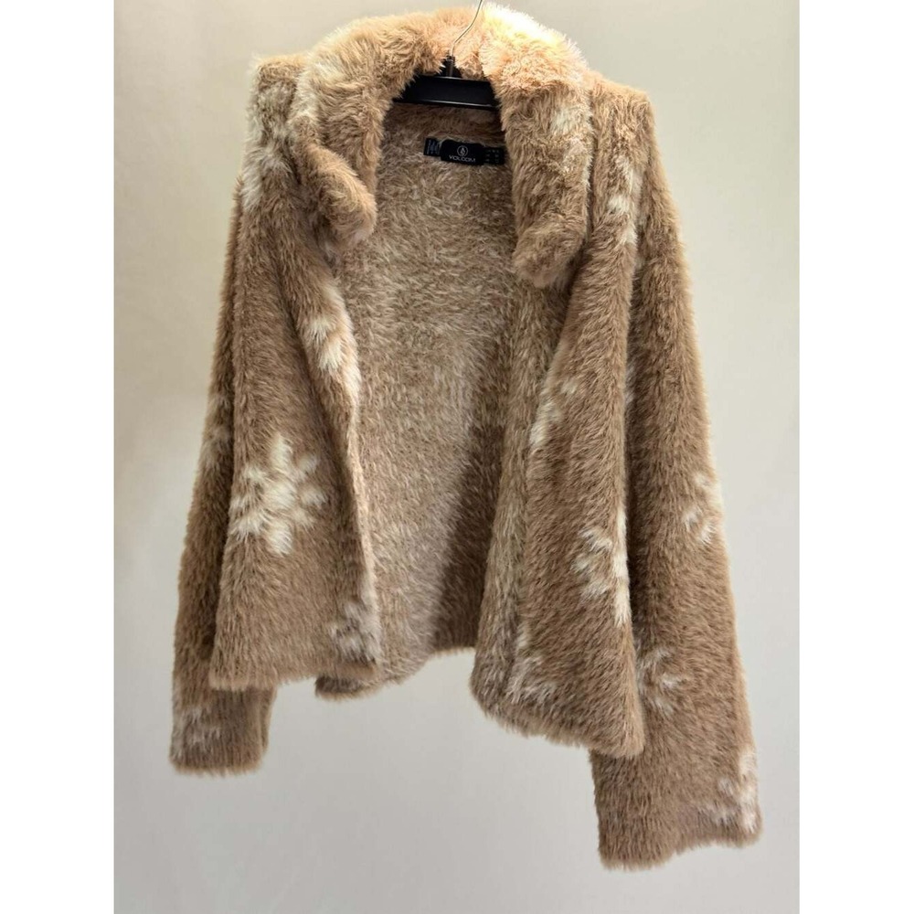 Volcom Faux‎ Fur Jacket Womens Medium Tan Cream Snowflake Shaggy Open Front
